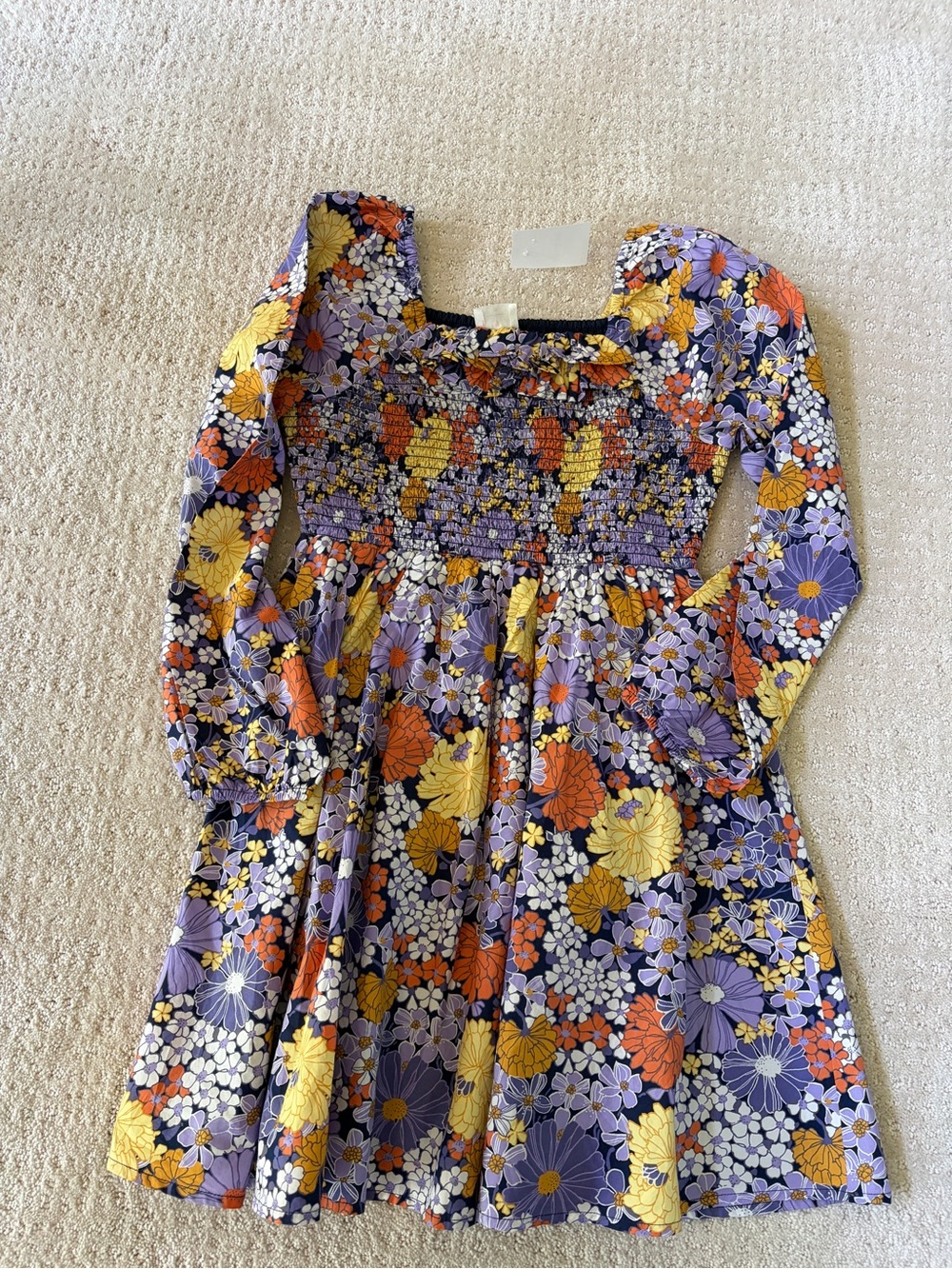 NWT Crewcuts J. Crew Purple, Yellow & Orange Floral Smocked Long-Sleeve Dress